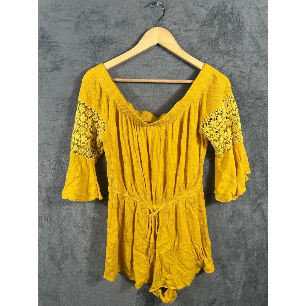 Hint of Blush Mustard Yellow Crochet Lace Bell Sleeve Off Shoulder Romper L